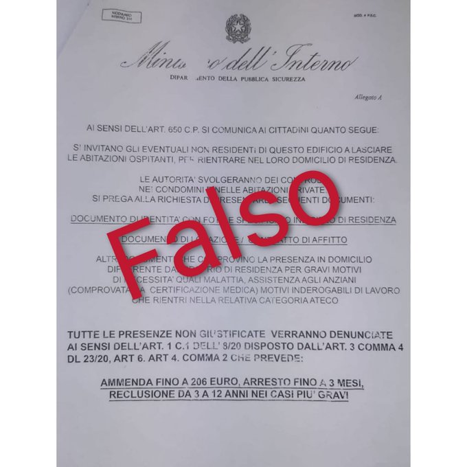 Falsi volantini del Ministero dell’Interno: attenzione, è una truffa