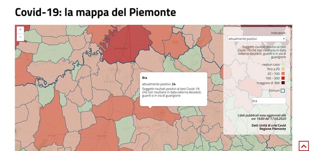 Covid 19 - la mappa della Regione Piemonte e dati relativi a Bra